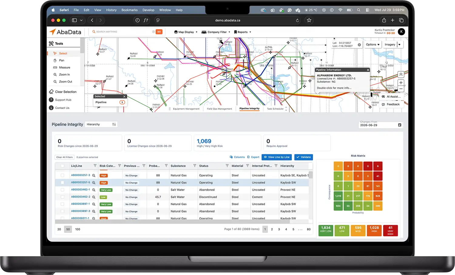 A preview of AbaData Pipeline Integrity showing the app in use on a laptop device, showing a risk assessment matrix for a company's pipelines overlaid on AbaData's thorough mapping interface.